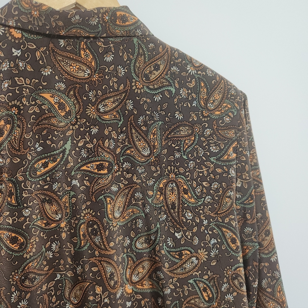 Sag Harbor Button Up Blouse Brown Paisley Border Print Padded Shoulder XL - Picture 8 of 8